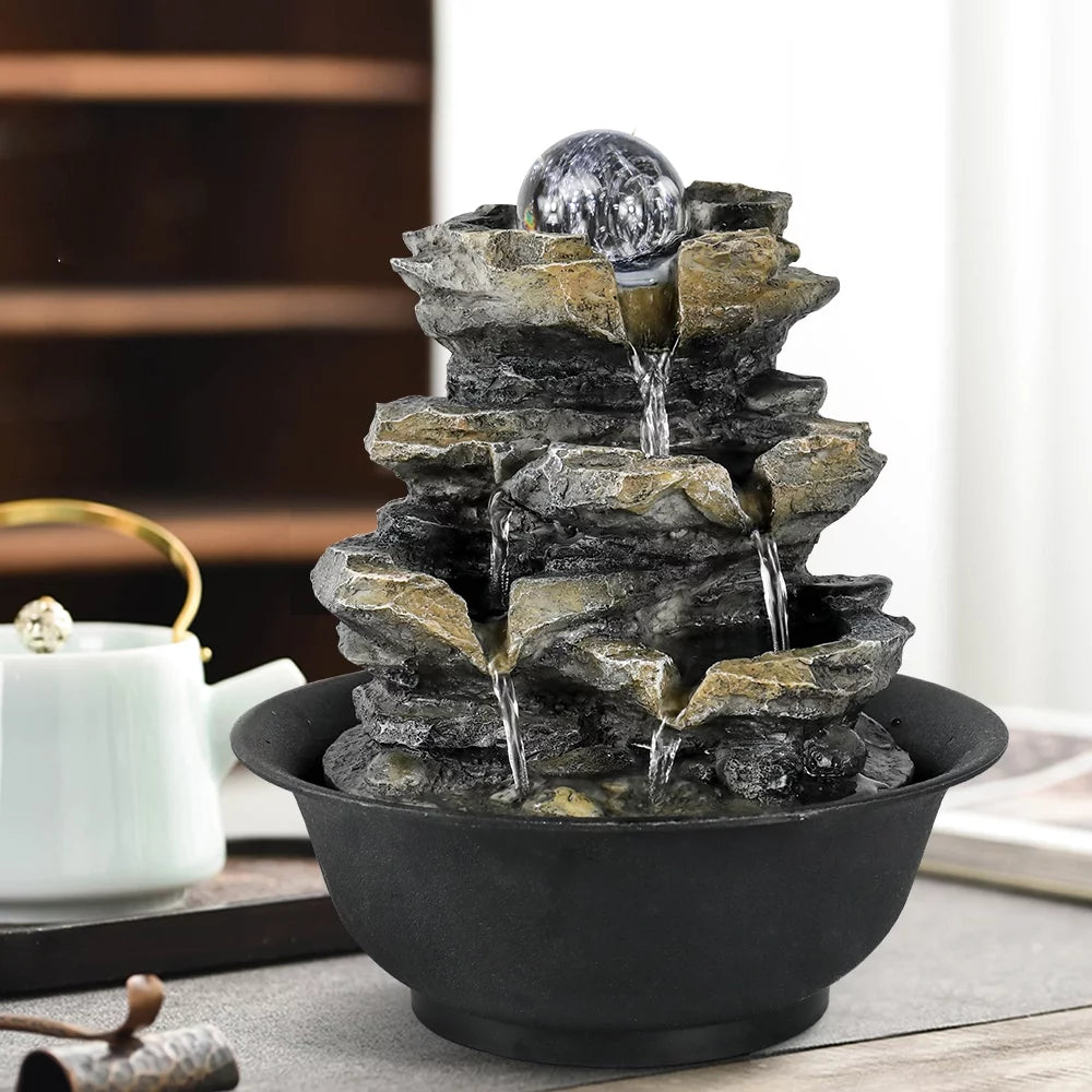 Lights Water Rock Falls 4-Tier Tabletop 8.3-inch and with Fountain Home Office Cascading Decor for LED High