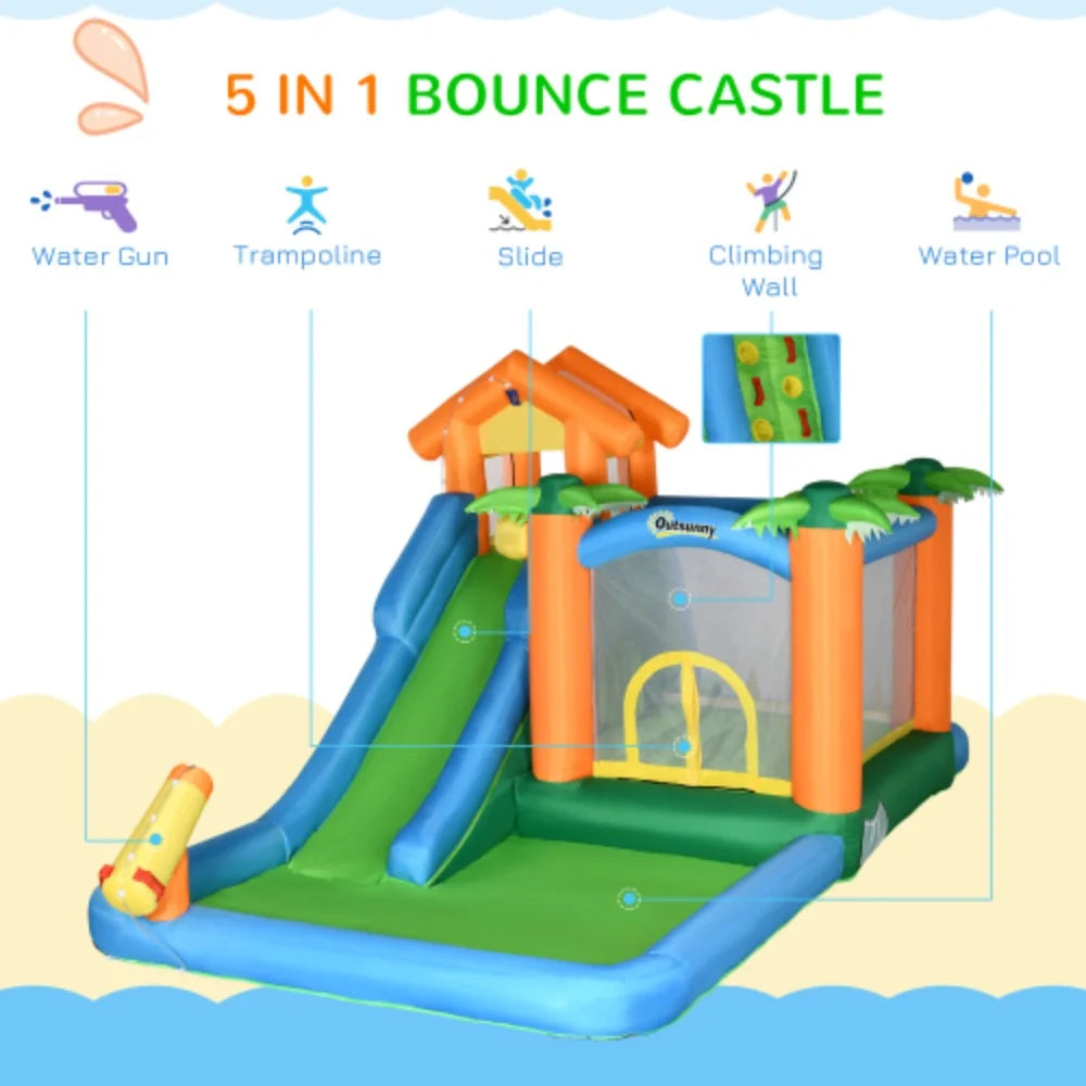 6-in-1 450W Cannon Theme Inflatable Slide Trampoline Repair Outsunny Wall Floating Castle Pool Carry Jumping Slide Tropical Bag, Climbing Patches with Includes Water Air Blower and Ball Summer