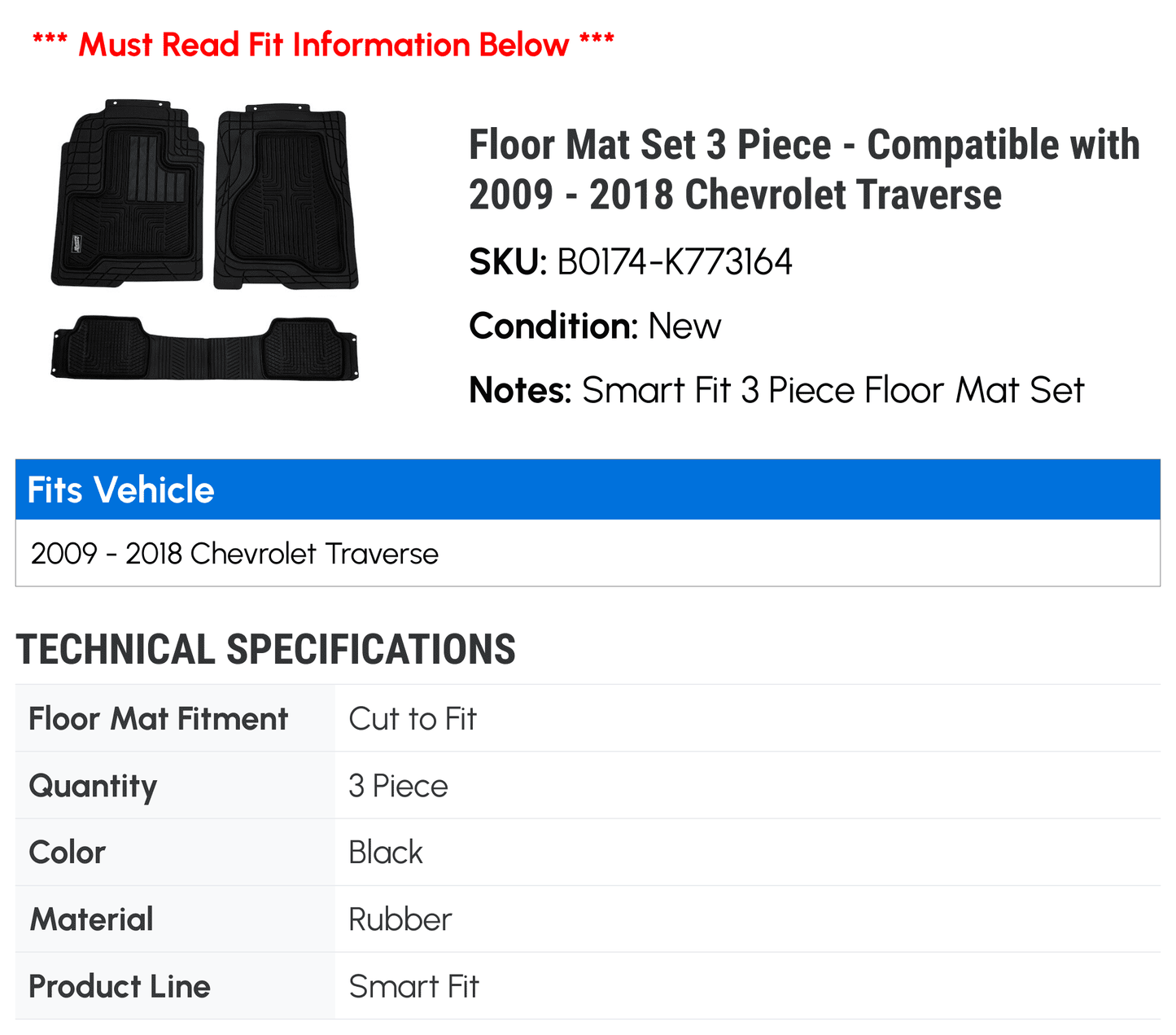 2018 2011 Compatible - - 2017 3 2013 2016 Chevy Traverse 2014 Mat Floor 2009 2015 Set 2010 2012 with Piece