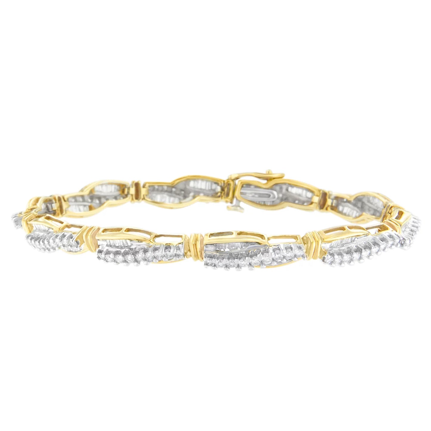 (H-I,SI1-SI2) and 3 Love CTTW Winding Baguette Gold Cut Diamond Yellow Bracelet Round 14K