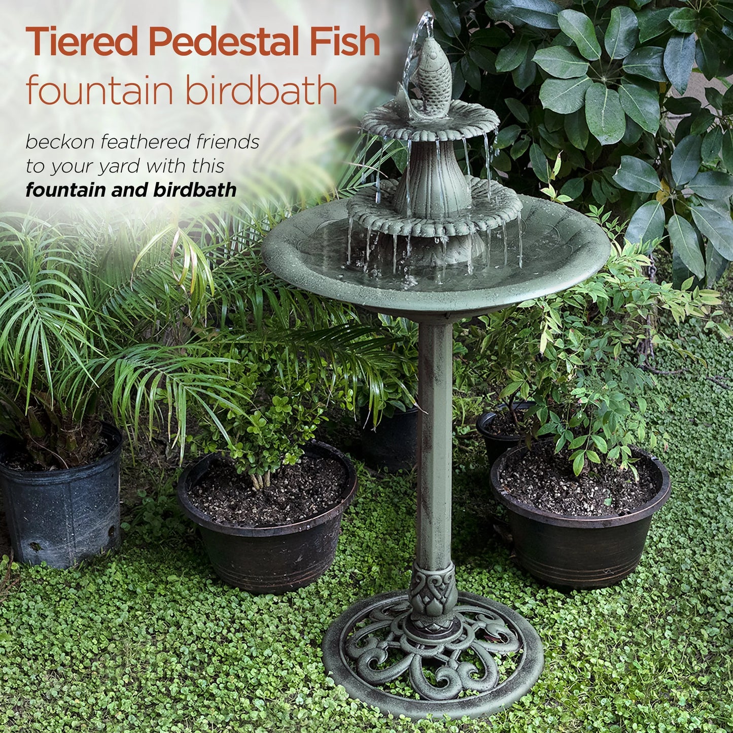 3-Tier Fountain Green Plastic Corporation Bird Bath, Pedestal Alpine