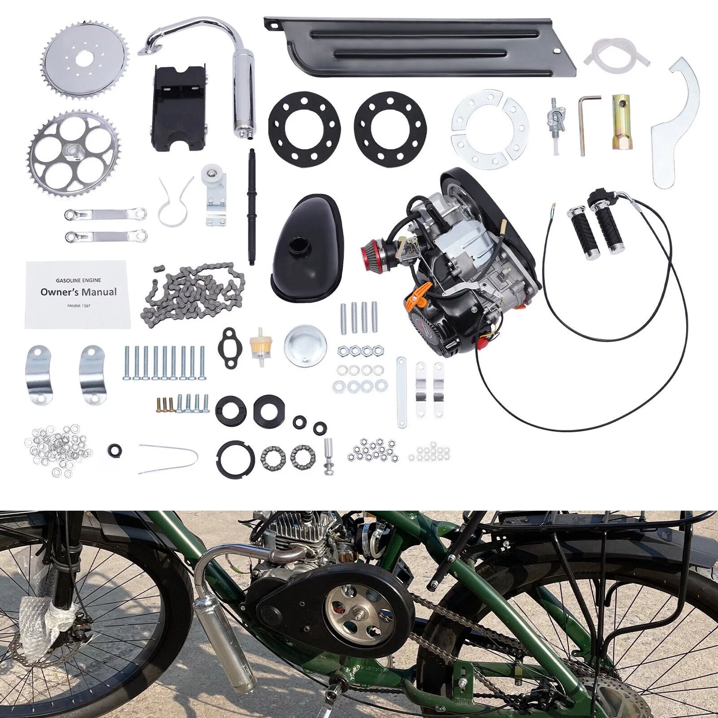 4 Gas Stroke Motor Kit Cylinder Engine 100cc Engine Single Kit, Tooth 44 EZ-156F Motorized Petrol Bicycle Kit Bicycle Chain Motor