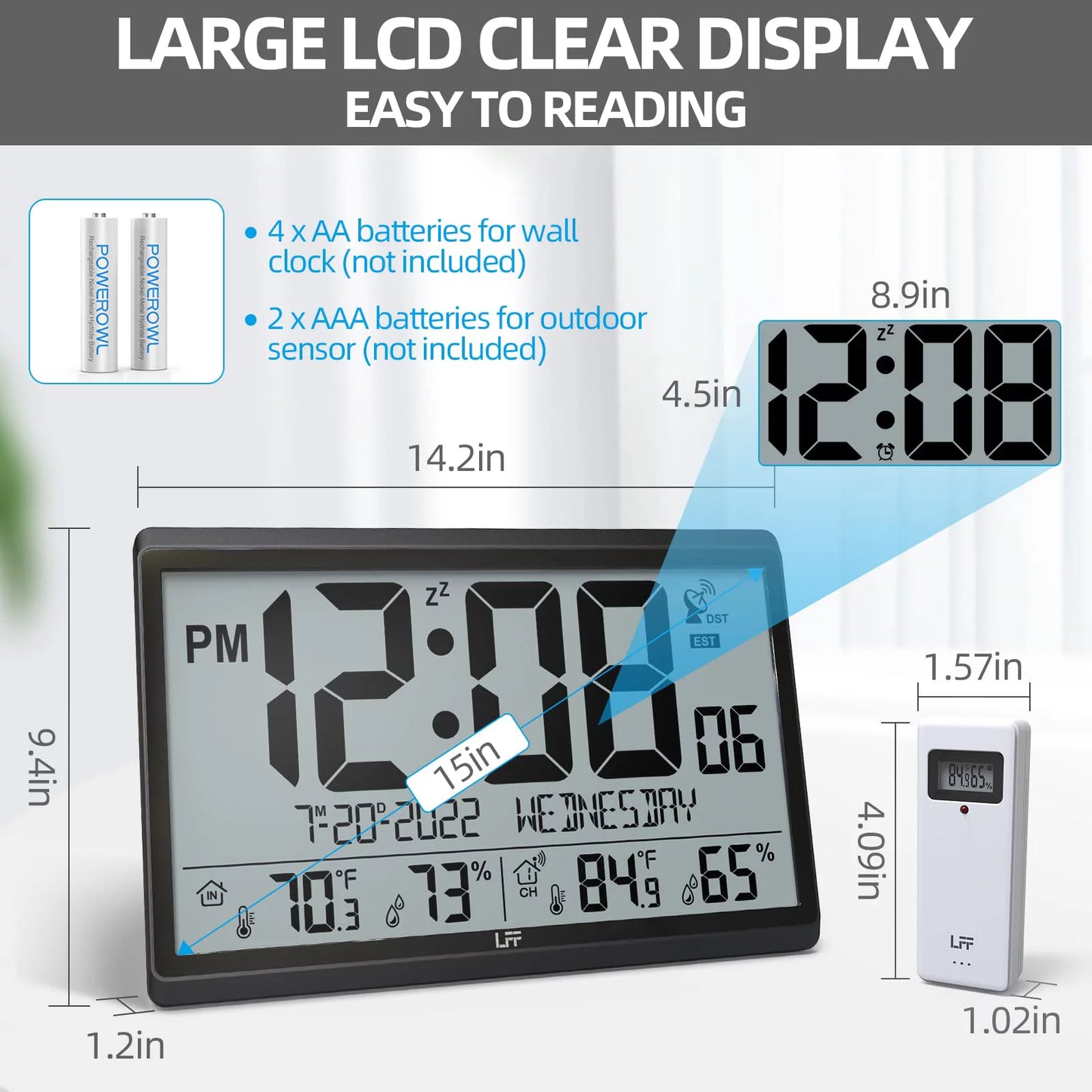 Atomic & Wall Indoor - with Humidity, 4.5" Numbers Needs 15" Operated, Digital with Outdoor Setting, LFF Temperature Never Clock Clock Black Easy-to-Read, Atomic Wall Clock Battery