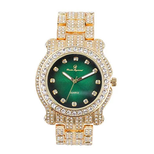 Out w/Bling-ed Out Watch Round - ZZ (L0504DXB Bling-ed Gold Money Luxury Silver Green) Mens Bracelet