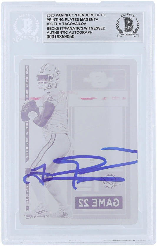 Beckett Panini Certified Tua Printing Optic #1/1 Miami Authentic Fanatics Authenticated Magenta Autographed Card Witnessed #93 Tagovailoa Fanatics Dolphins - Rookie Plate 2020 Contenders