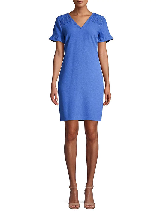 Lace Work Above Dress KARL Wear Ruffled The Blue Shift Zippered V Knee Womens Shoulder 6 To LAGERFELD Neck Short Sleeve