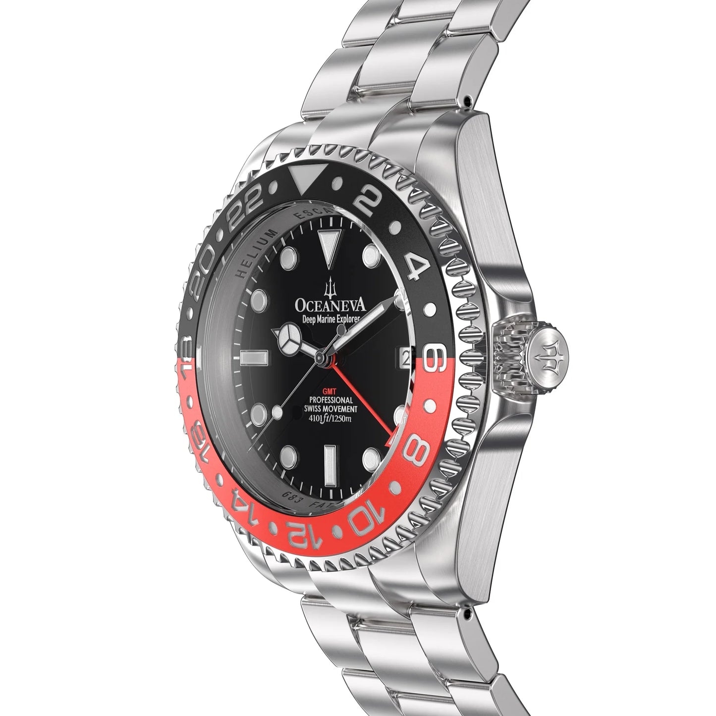 1250M Quartz, Pro Black- Swiss Marine Steel Red Men's Oceaneva™ GMT Explorer Diver Bracelet Movement Deep and Watch Stainless