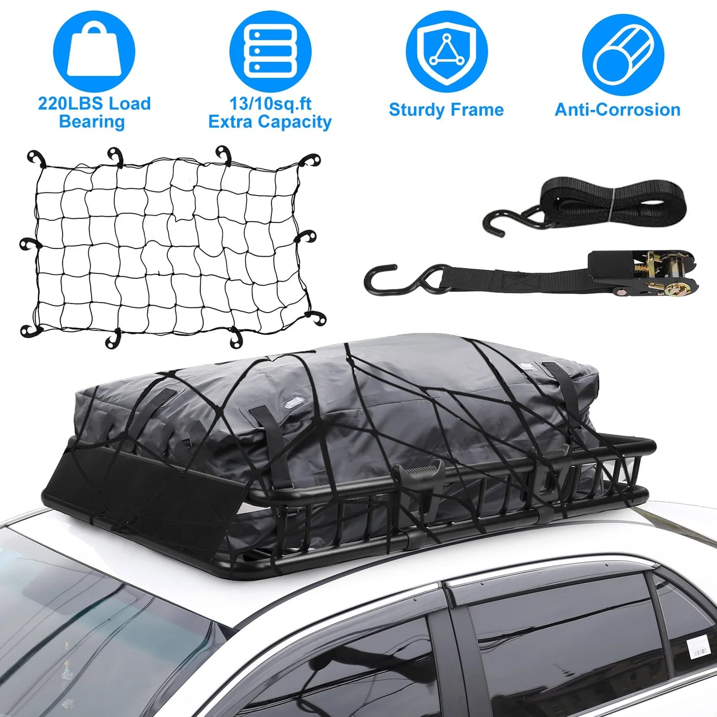 Roof iMounTEK Elastic with Rack 220lbs Capacity Heavy Universal Top Basket Luggage Black Car Hook Cargo Holder Duty Cargo Rack Carrier Strap Net 63x39x6.3in,