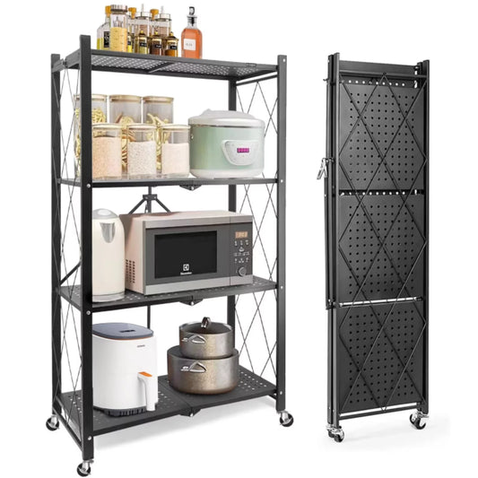 Storage Shelf Pantry Kitchen 4-Tier Room Collapsible Rolling Black Shelves, Metal Office & with Cart Closet for - Wheels Shelving Decor Foldable - Unit Organizer, Display, Storage Books