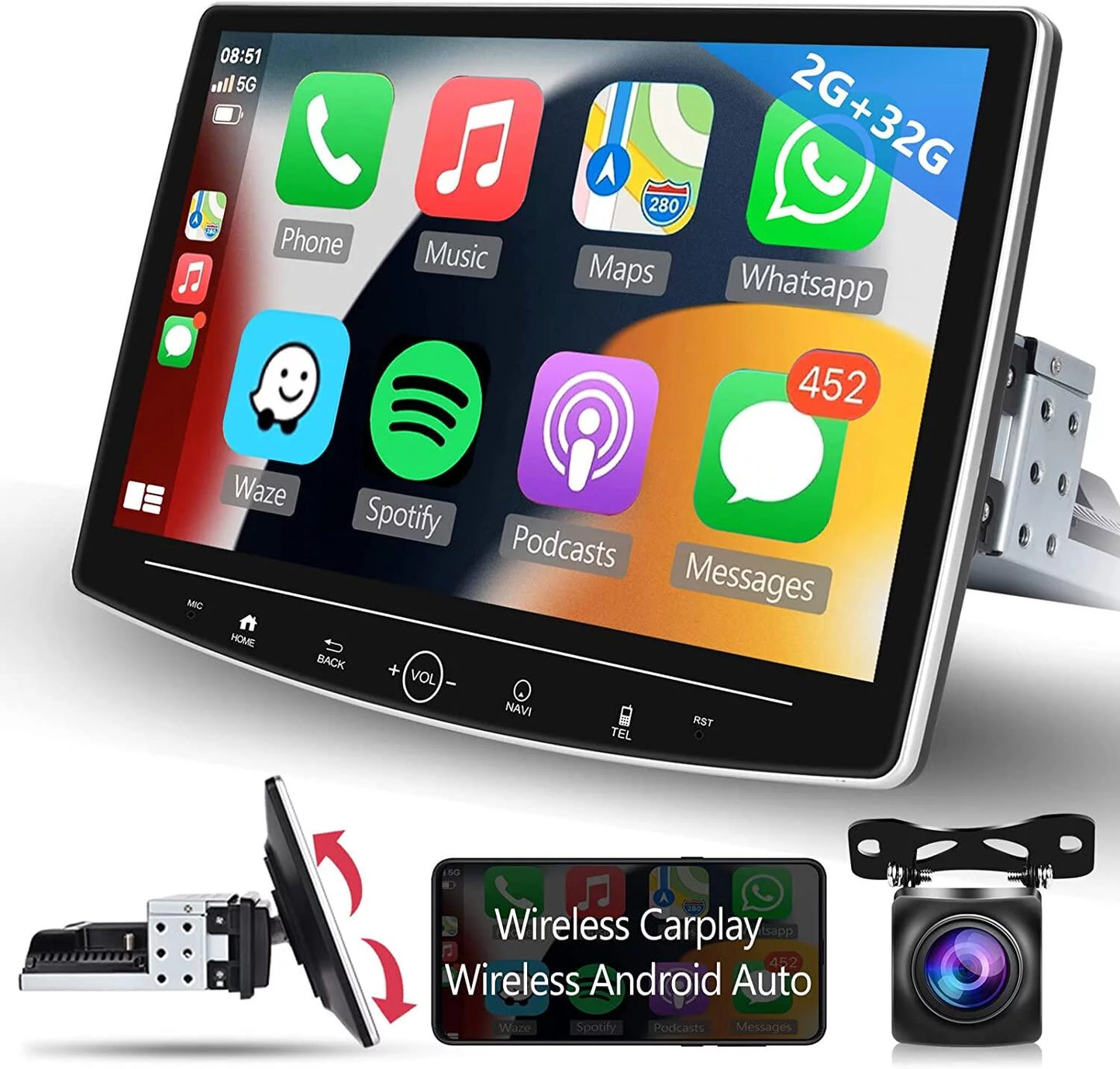 USB Stereo USB Wireless Touch Audio FM DIN 11 Microphone&Backup HD Car Cable GPS 1 Apple Radio Android 2+32G Carplay Bluetooth HIFI,with Auto Screen Android 10.1'' Camera WIFI Single Podofo