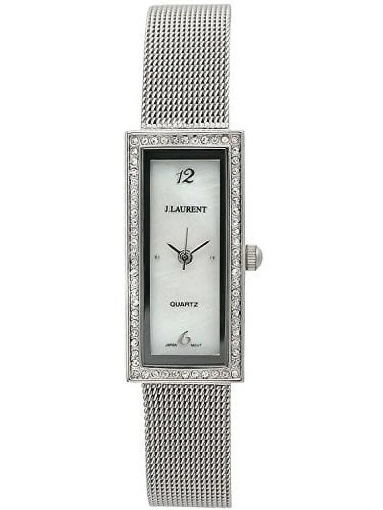 silvertone of a watch a mesh surrounding dial row pearl with ladies mother crystal