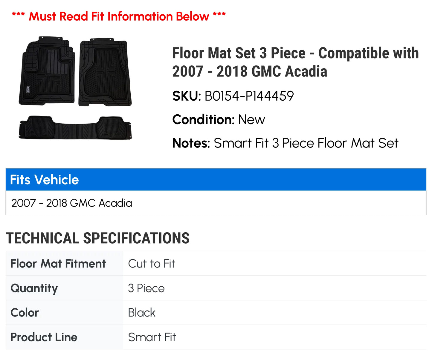 Acadia 2010 Piece 3 with 2016 2012 2018 2009 2017 Mat Compatible Set 2013 GMC 2015 2008 2007 2011 2014 Floor - -