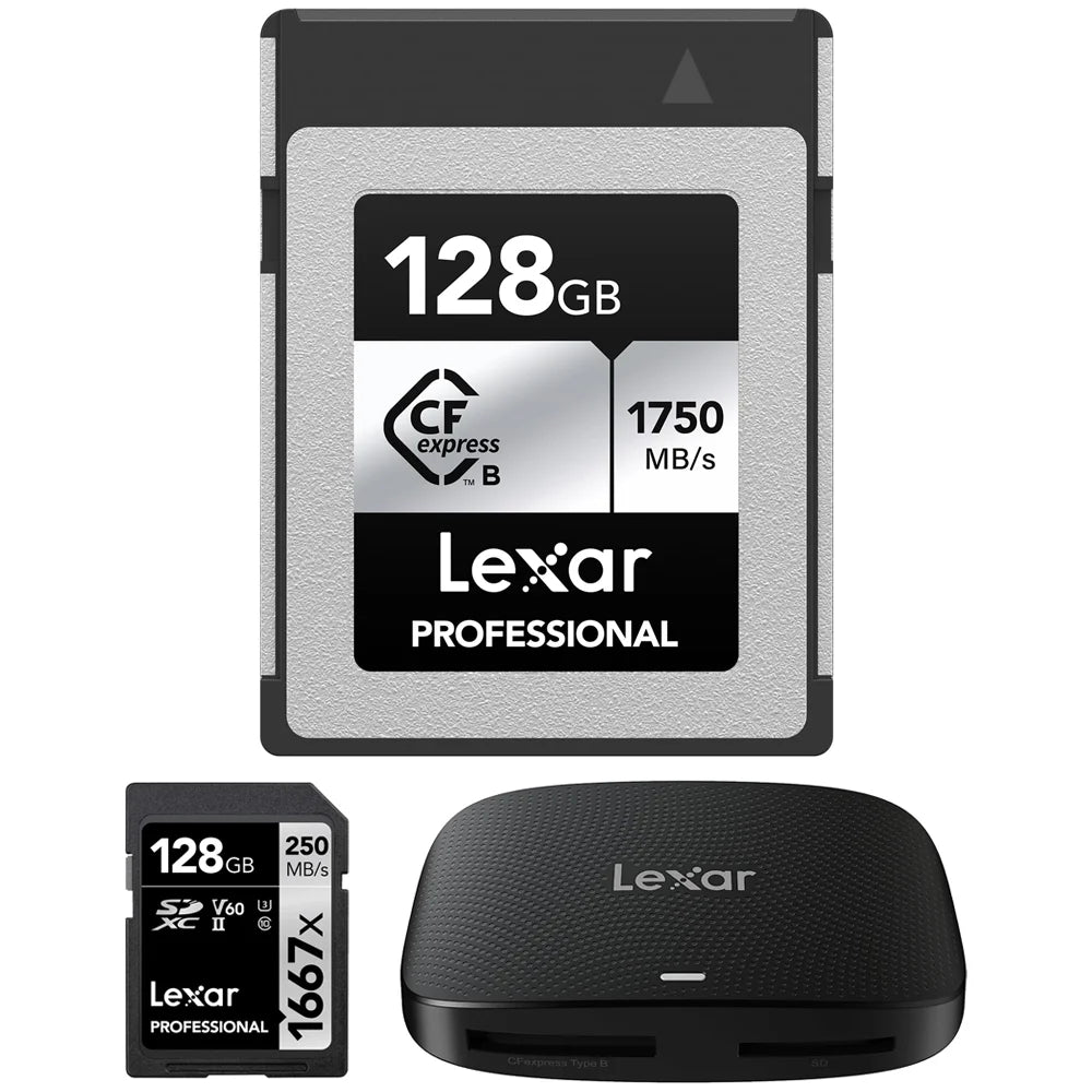 128GB 2 LRW 3.2 with 1667x B/SD Bundle Gen Type SDXC Memory Card and 128GB Type Memory B CFexpress Series Card LCXEXSL128G-RNENG 520 SILVER Professional USB Card CFexpress Reader Lexar