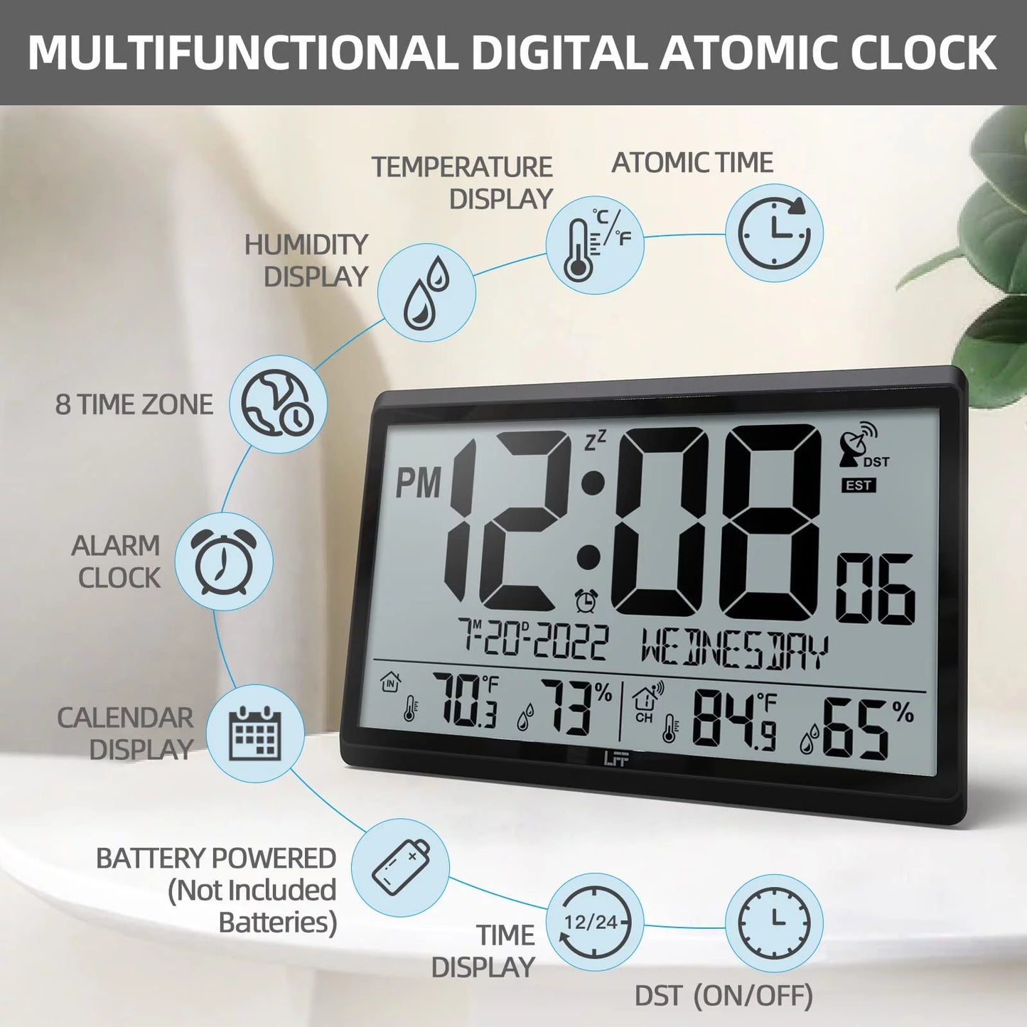 Atomic & Wall Indoor - with Humidity, 4.5" Numbers Needs 15" Operated, Digital with Outdoor Setting, LFF Temperature Never Clock Clock Black Easy-to-Read, Atomic Wall Clock Battery