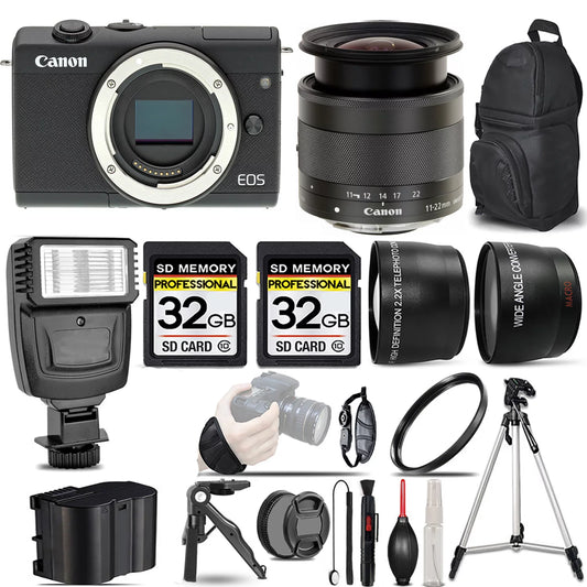 Mirrorless +Flash Canon M200 EOS (Black) Kit +64GB- +11-22mm STM IS f/4-5.6 Camera Lens