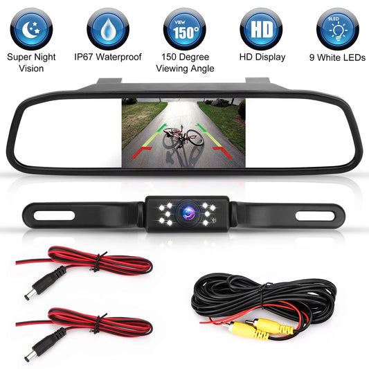 Monitor TSV Camera, Dash License 150° 1080P with Plate Vision, Car Driving Mirror 5" Camera View Night Mirror Parking Backup Recorder G-Sensor, Rear Camera, Rear Waterproof Cam,