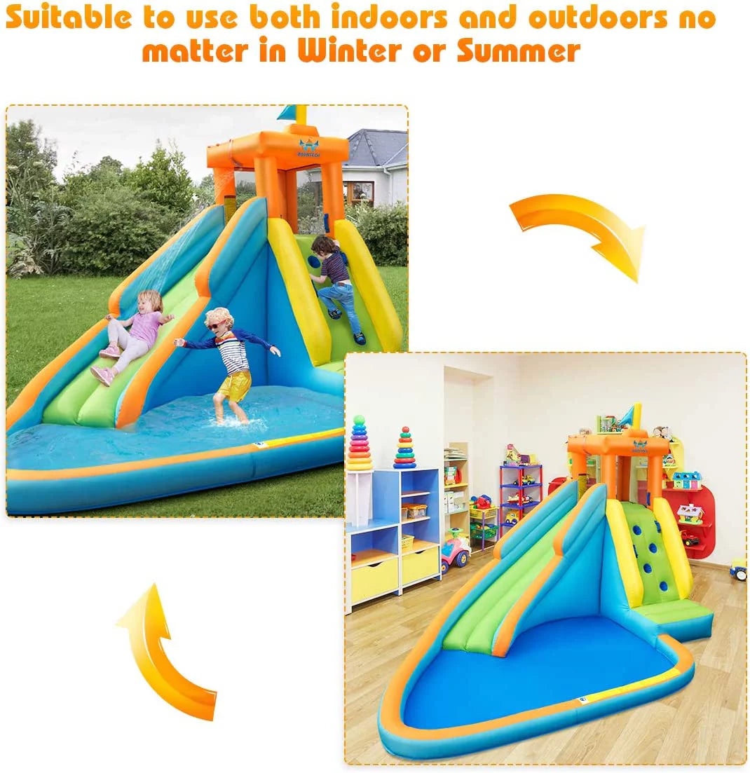 Outdoor Splashing Water w/Long Slide, Cannon, for up Blower, Water 740w Water Kids Adults Themed for Big Kids and Slides Park Slide, Inflatable Pool, Giant Backyard Water Hippo Blow Indoor