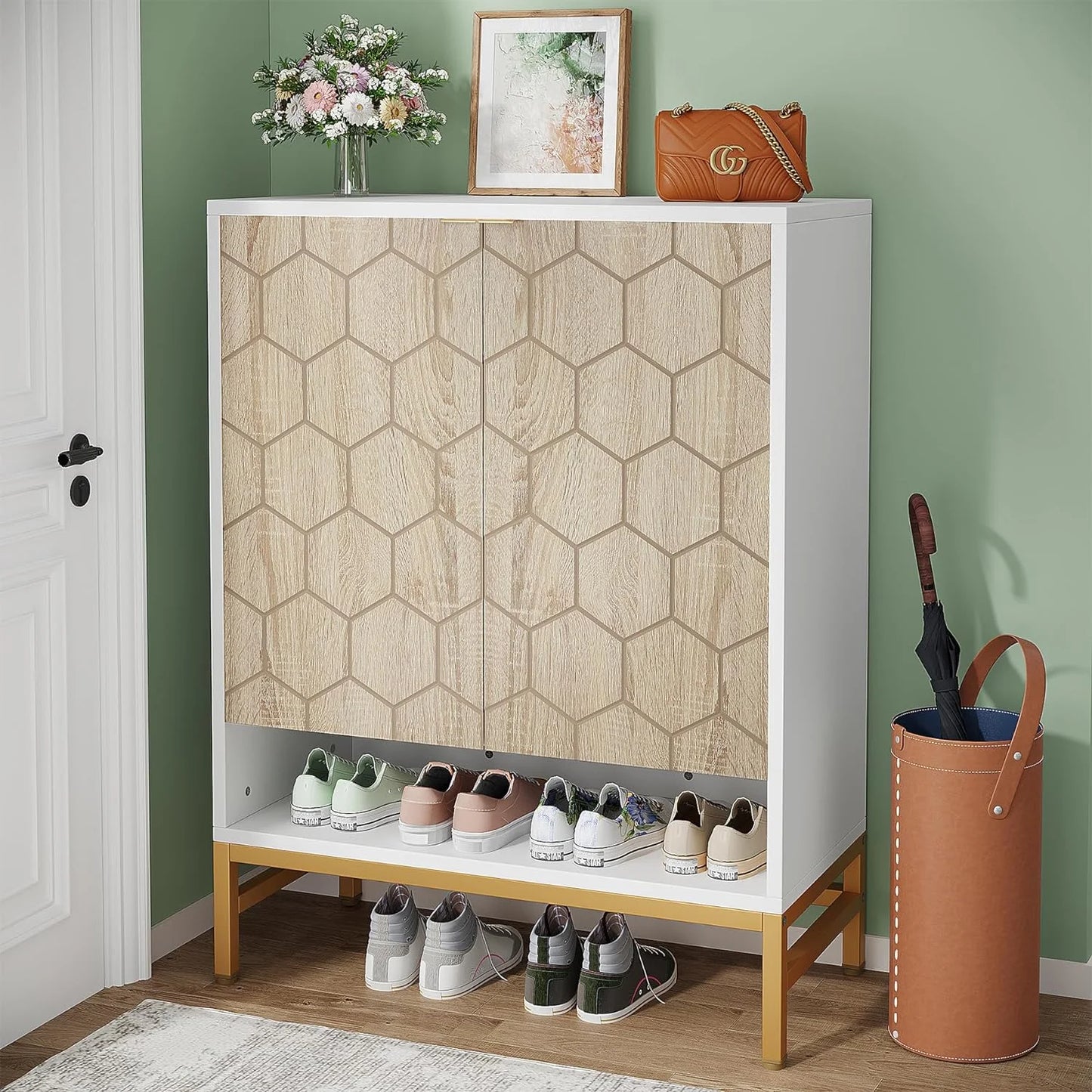 Cabinet Shoe Gold Storage 5 Adjustable & Doors, with Shoe Tribesigns Cabinet Tier Shelves, & Entryway Wood Grain with White