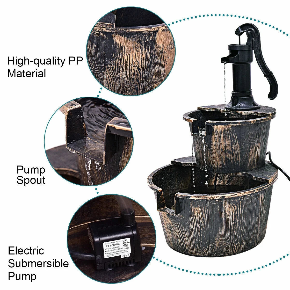 Waterfall Outdoor Barrel Water with Barrel Pump | 2-Tier Garden Fountain Fountain