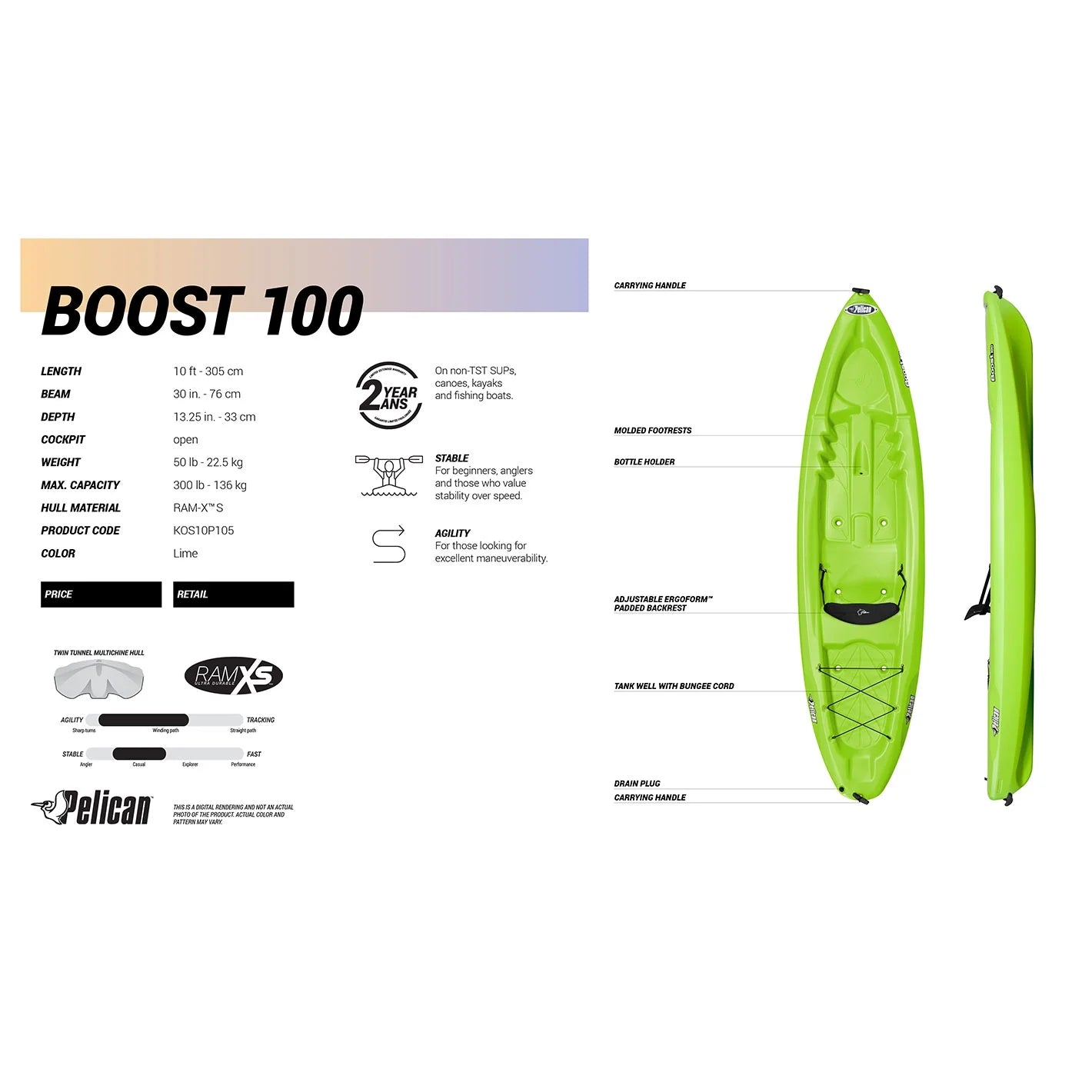 Sit 100 Pelican Green 10ft Top Boost On Kayak,