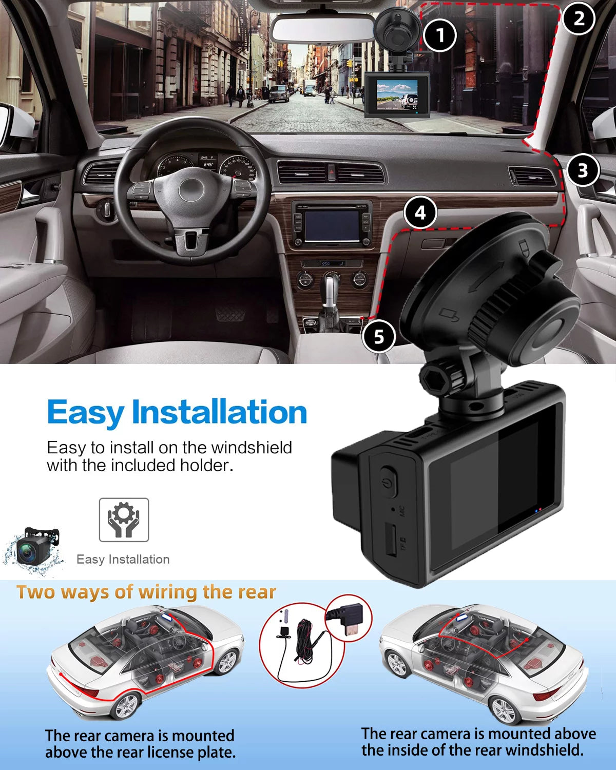 Dual SD Vision, 2 Wide Card, SD Rear Included Loop 64GB Parking Cars, with Cam Inch WIFI, Mode, Night Dash Card 4K Angle, Dash GPS and Dash Cam Camera with Front Recording, for