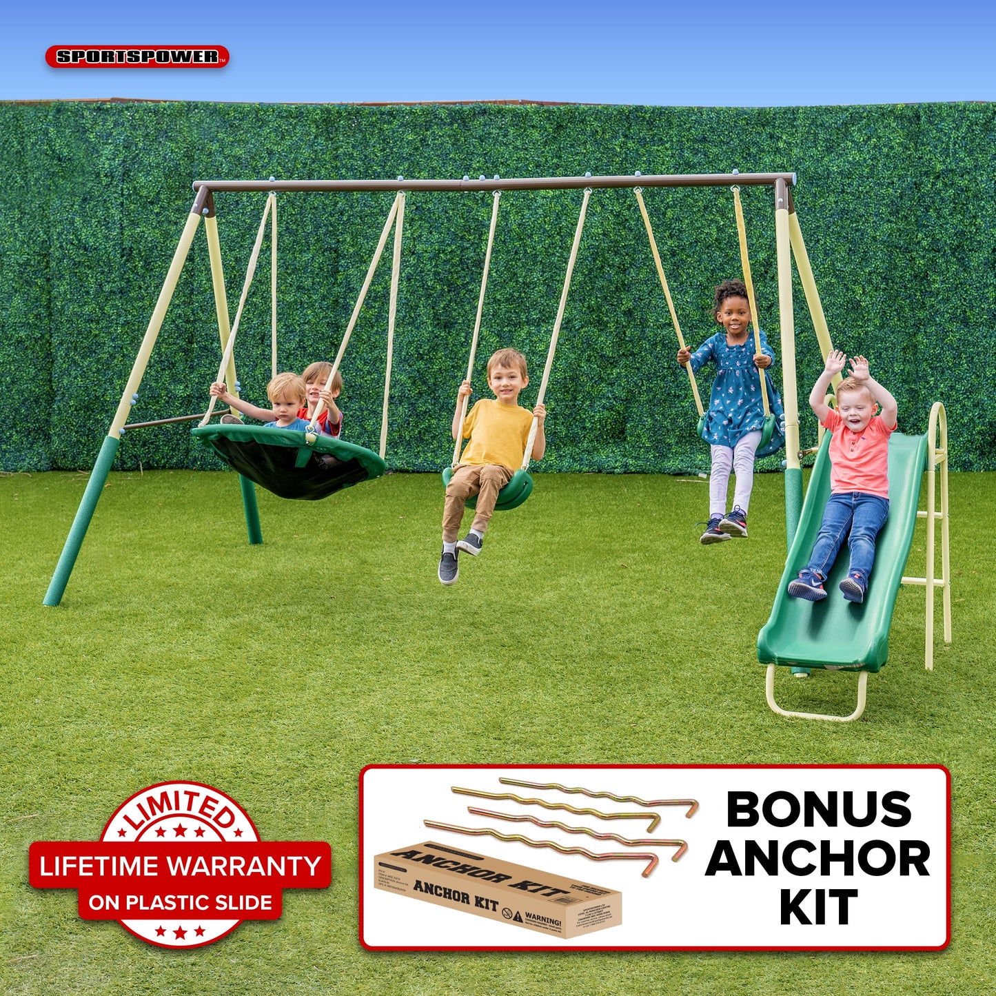 and Lifetime Padded Super Set Kit Molded Swing, Slide, Warranty Metal Saucer Anchor Saucer Swing Blow with Sportspower on BONUS