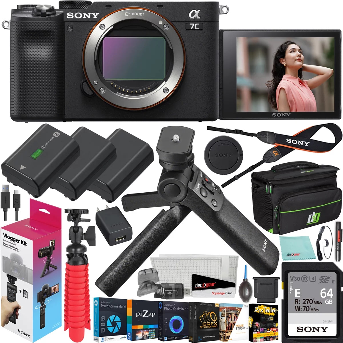 Only Gear Black + Bundle Vlogger + Accessories Grip ILCE7C/B Wireless GP-VPT2BT Mirrorless Sony Lens Bag Body w. Battery & Deco Interchangeable with Full Frame ACCVC1 2 a7C Camera Shooting Remote Kit