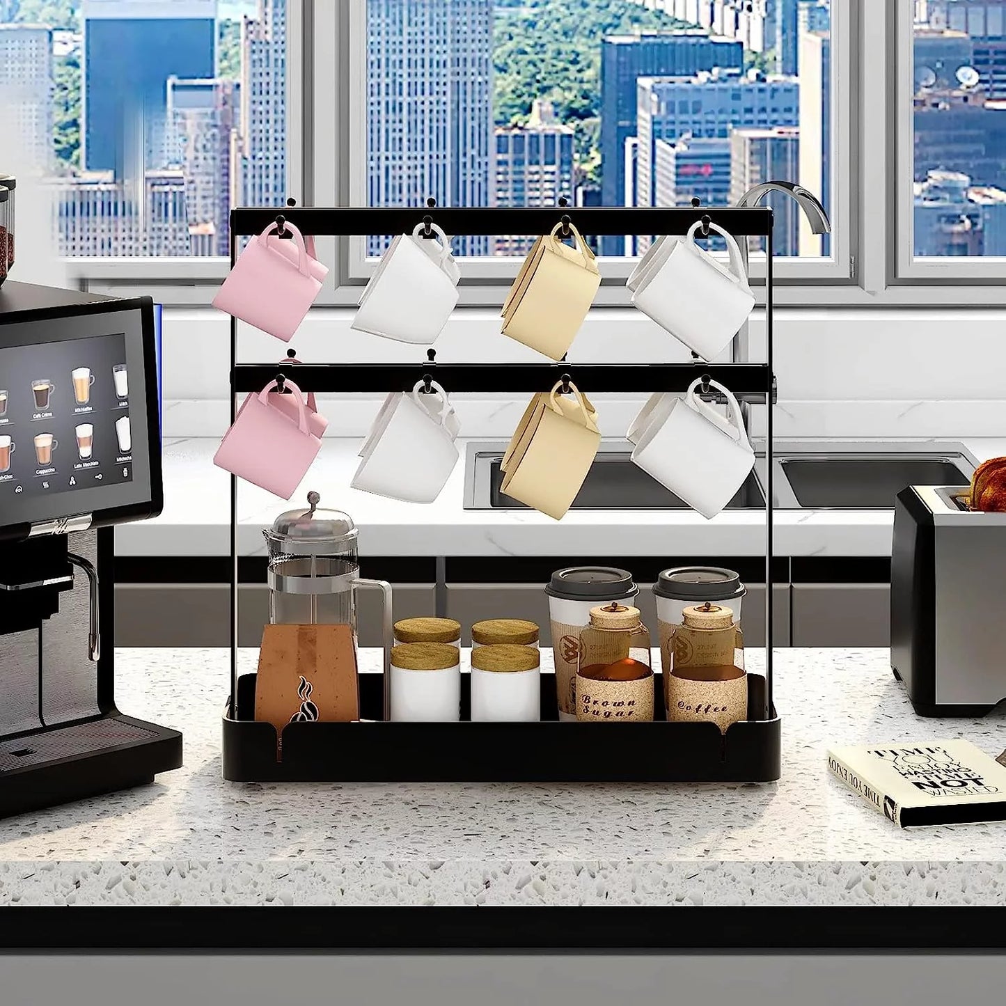 Tier BOIVSHI Storage with Countertop, for Coffee 16 Cup Hooks,2 Mug Rack Mug Tree Base Holder with Black Holder Cup Movable Hooks Holder Coffee