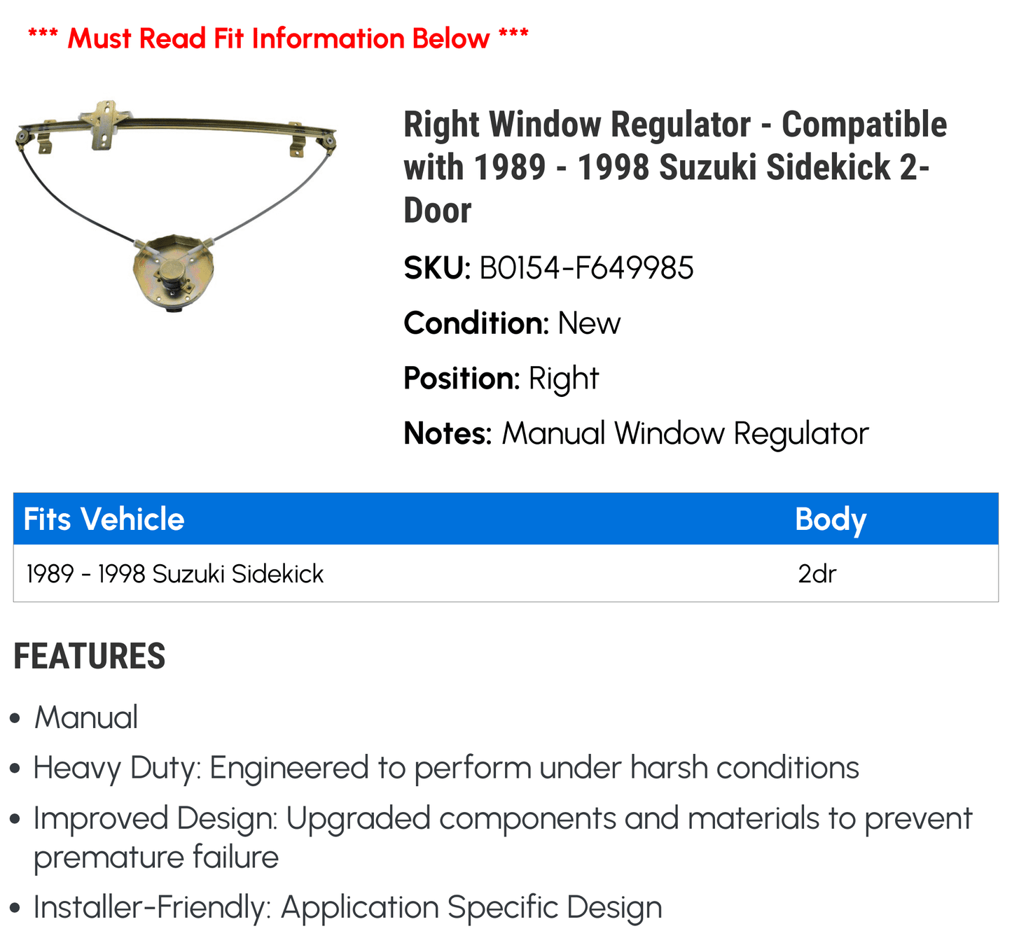 Regulator Sidekick 1995 with Suzuki - 1998 1994 1997 1990 1992 Window - Right 1993 1991 Compatible 2-Door 1996 1989