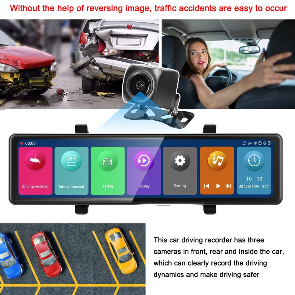 Touchscreen, BT Clear 2.5K Auto Recording - Cam: Moment on Capture - 12in Rearview Driving Dash the Mirror Video 3 Recorder Connectivity, Road Every Cameras,