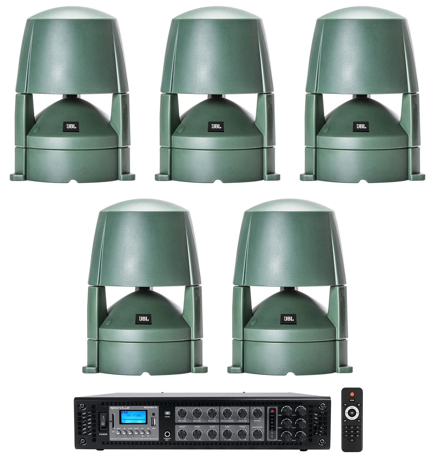 (5) Commercial 5.25" 85M CONTROL Outdoor JBL Landscape 70v Speakers+Amplifier