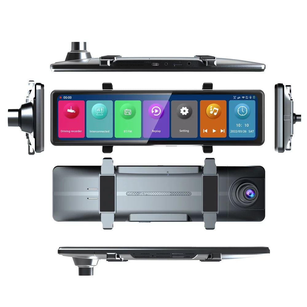 Touchscreen, BT Clear 2.5K Auto Recording - Cam: Moment on Capture - 12in Rearview Driving Dash the Mirror Video 3 Recorder Connectivity, Road Every Cameras,