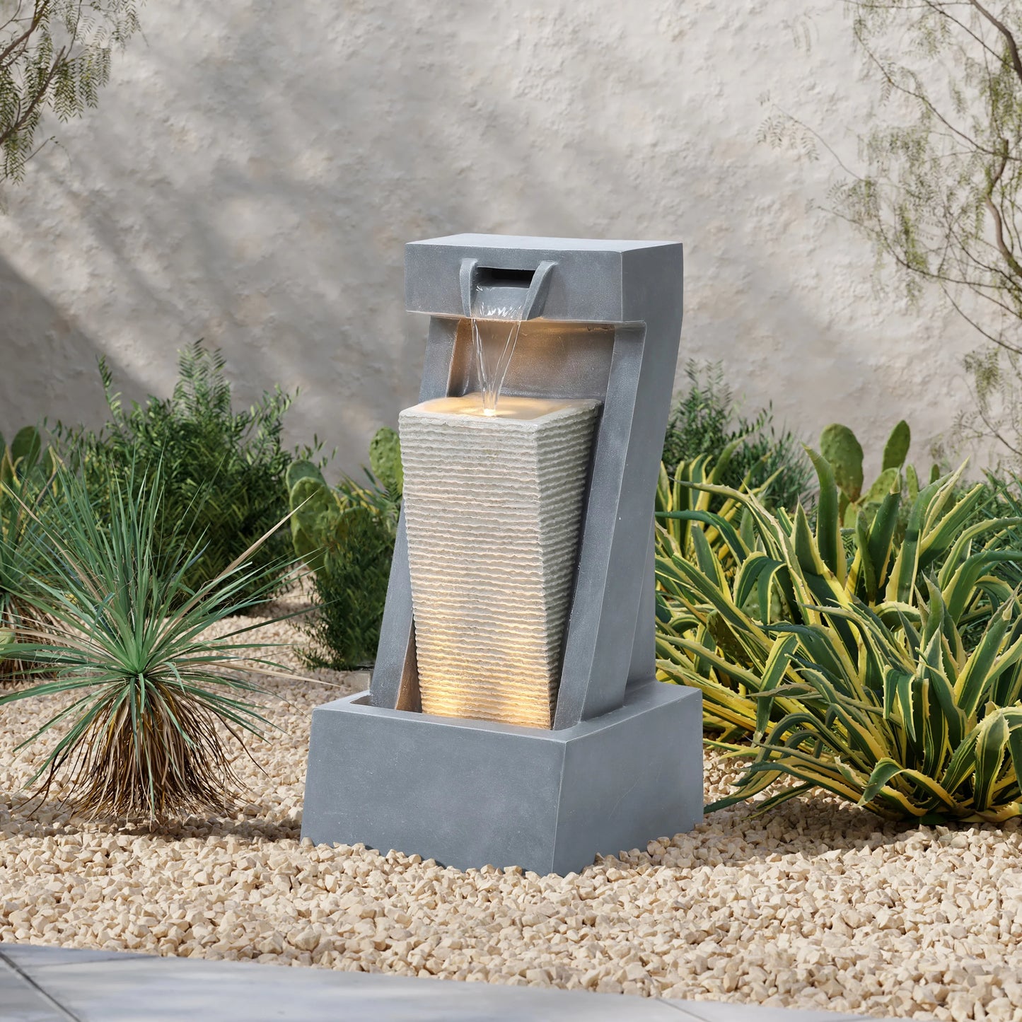 LuxenHome Gray with Sculpture 2-Column Outdoor Fountain Lights Resin