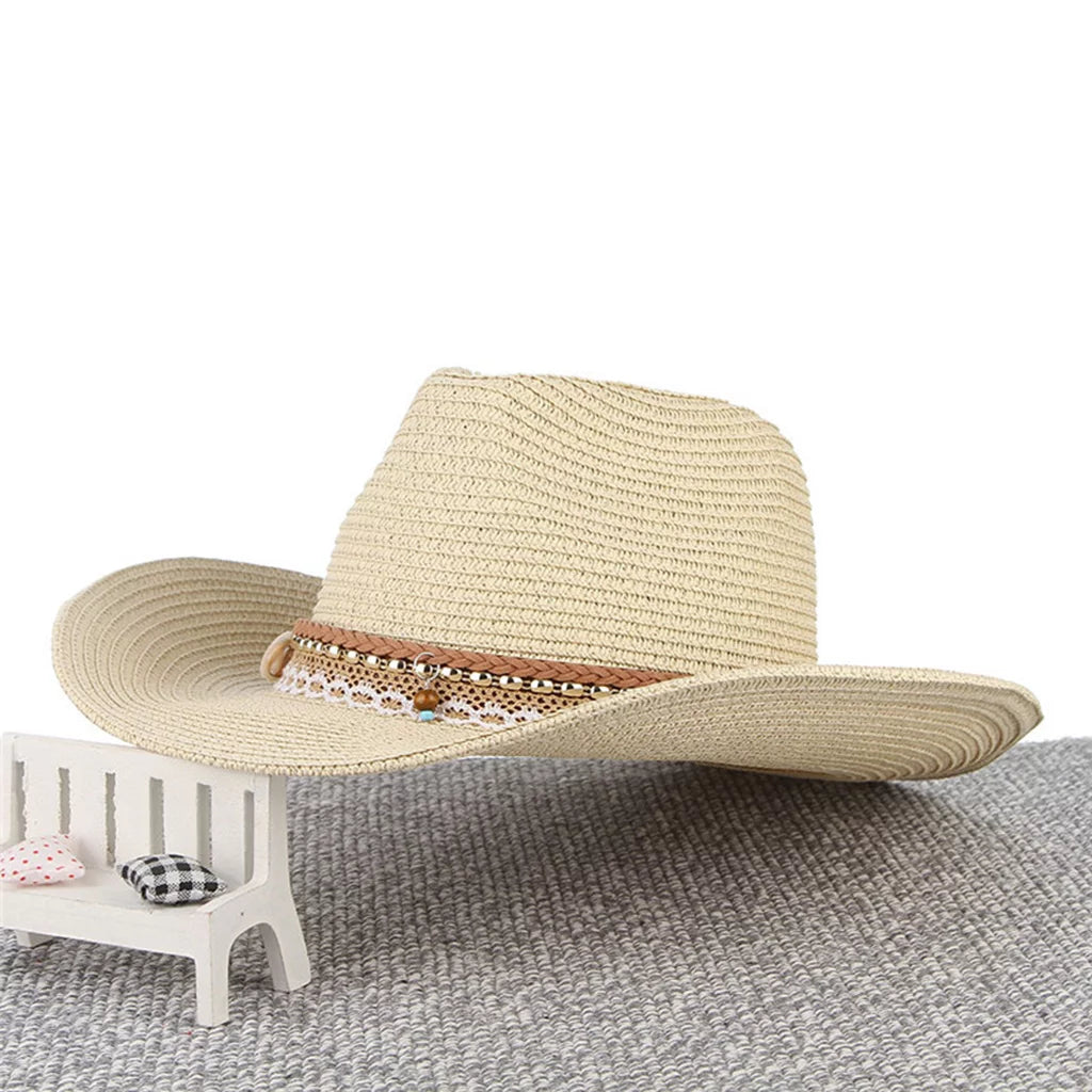 Straw Packable Big Western Hat Style Beige Women Sun Brim Trilby Cowboy Floppy