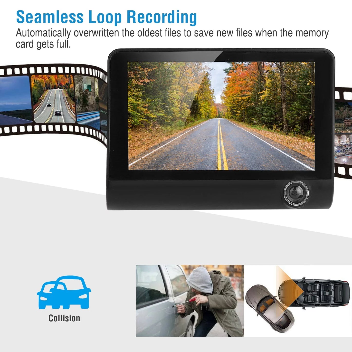 3 32.8ft 4in DVR Recorder, Driving Black FHD Rear Recording Touch with Dash Camera 1080P Loop Car Vehicle Car Wire, Lens Seamless Screen Recorder Camera iMounTEK