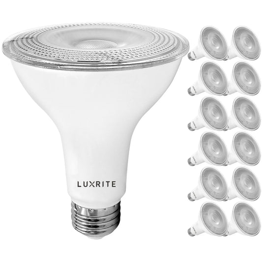 LED Luxrite Base Listed E26 Light PAR30 Warm 12-Pack 2700K Rated 850 11W Bulb Wet Lumens White Flood Dimmable UL