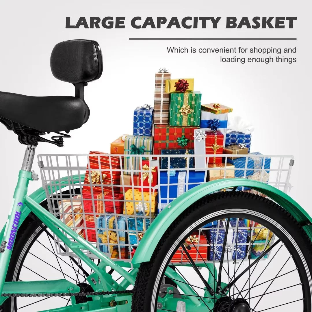 Shopping Women, Tricycle, NAIZEA Basket for Picnic 20" for 3 Large Bikes Exercise Seniors, Activities Speed 7 Cruise with Men, Outdoor Wheel Adult Trike