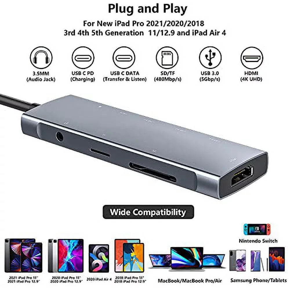 11 USB-C Air Station for 3.5mm 4K HDMI inch with Type 3.0, C Data C Adapter 2020 iPad iPad PD Pro Reader, iPad SD/Micro 2021 Jack 4 9-in-1 Charging, 12.9 USB Headphone Pro Card Docking USB HUB 2018