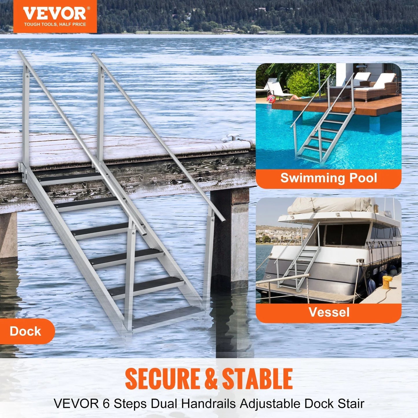 Pontoon Load to Aluminum Height Vevor in. Alloy 51 500 6-Steps Adjustable Dock 43 Boat Ladder lbs with