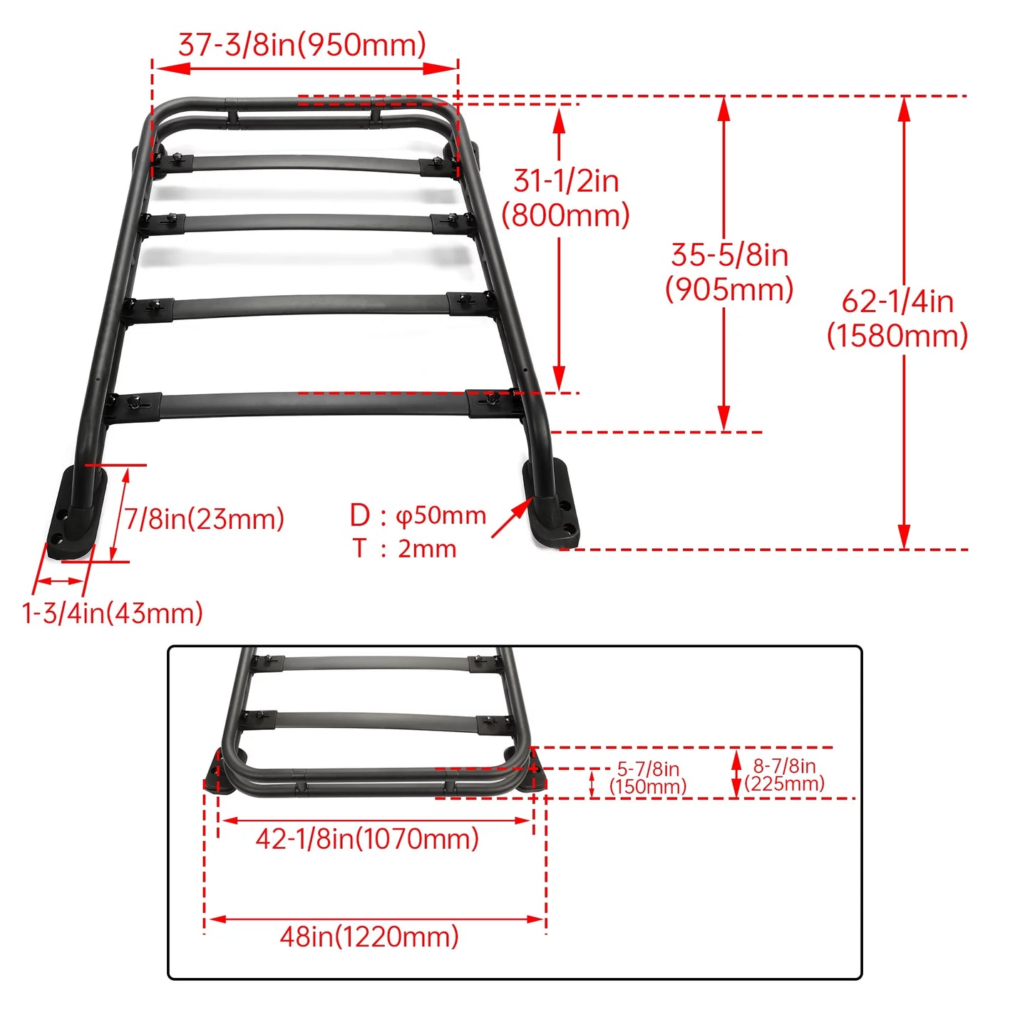 Toyota Bar Rack with Coated Carrier Black Luggage 4Runner Cargo 2010-2023 Roof Powder Extra Aluminum Basket Rooftop Compatible