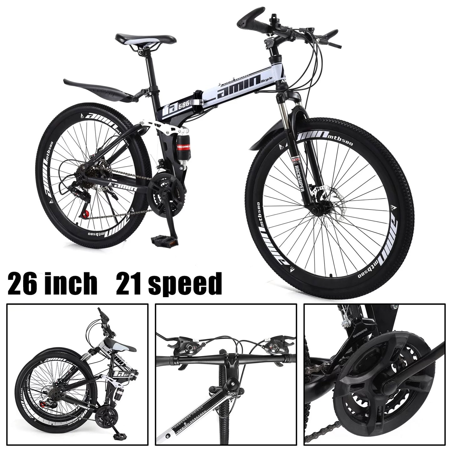 Suspension MTB Folding Mountain 26" Bicycle Bicycle Bike Foldable Adult Speed 26" 21 Unisex Suspension Bike Mountain Full Unisex 21 Folding Speed MTB Full