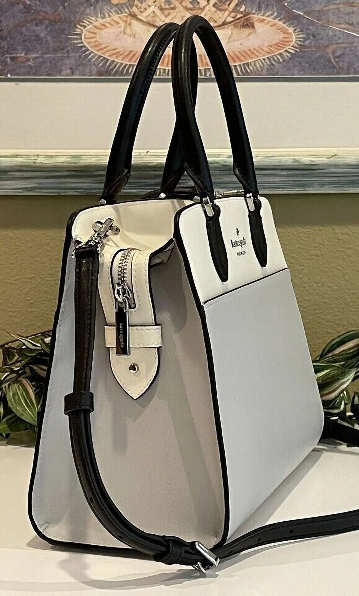 Medium Kate Leather Madison Grey Colorblock Platinum Spade Satchel Bag Purse KC621