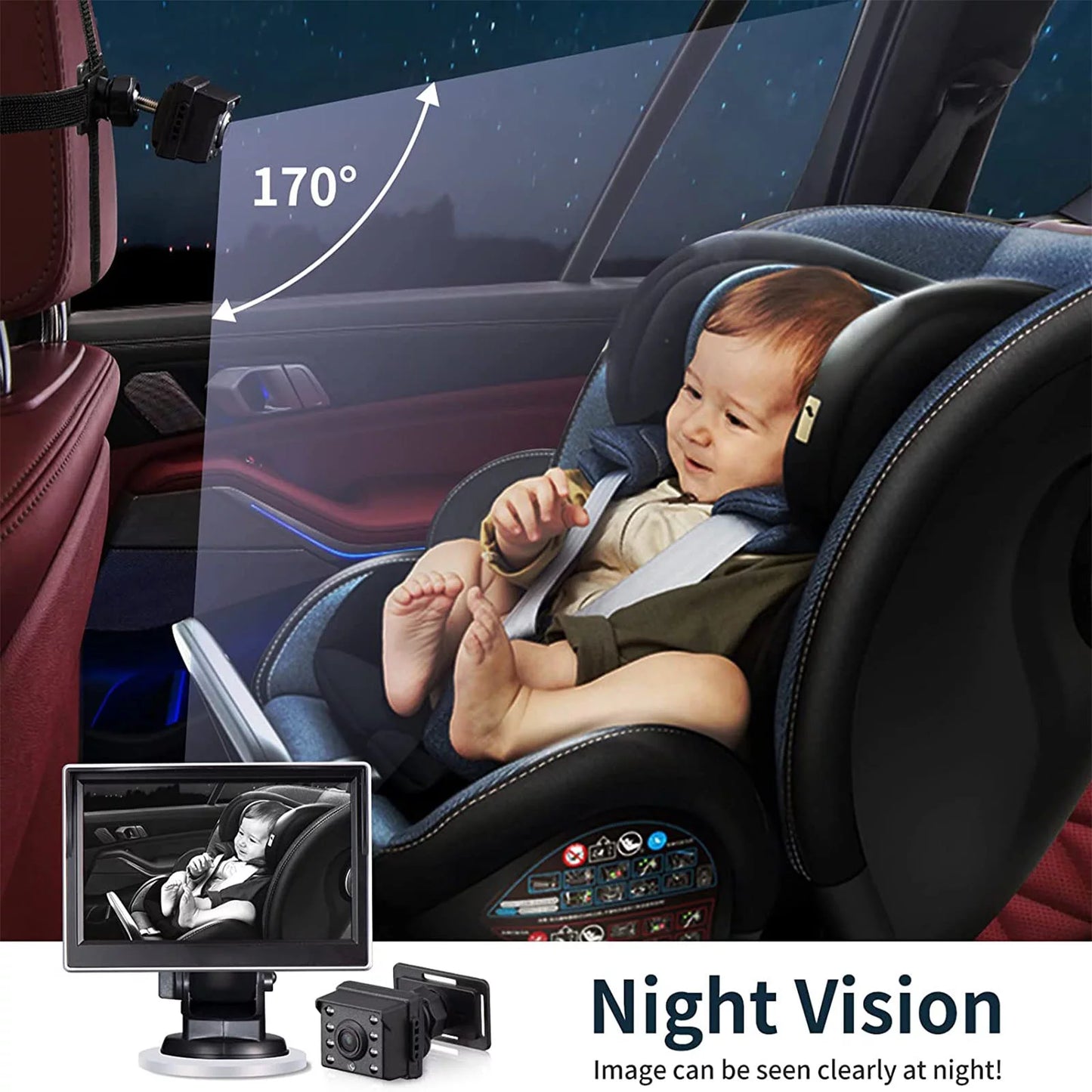 Camera Luosen for 5 Infant 1080P, Facing Rear with Inch Safety Mirror Baby HD Kit Back Baby Night Travel Vision, Car Clear Monitor, Seat Camera Car Newborns