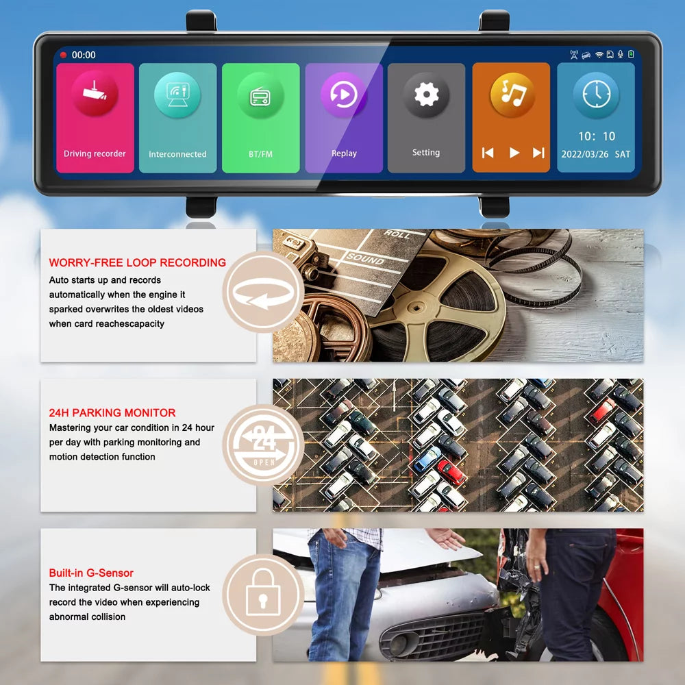 Touchscreen, BT Clear 2.5K Auto Recording - Cam: Moment on Capture - 12in Rearview Driving Dash the Mirror Video 3 Recorder Connectivity, Road Every Cameras,
