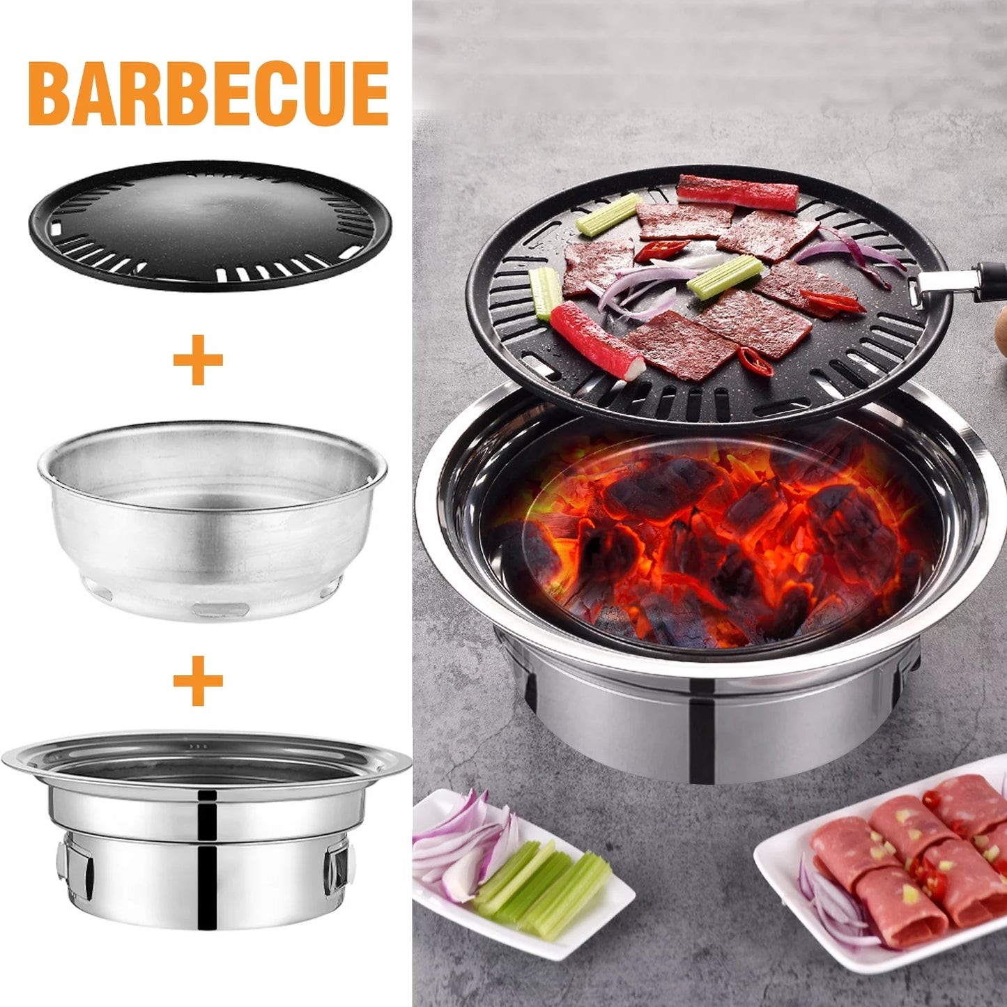 Round for Indoor Portable Picnic Grill Charcoal Grill, Stove Camping Carbon Household Outdoor, Grill and BBQ Grill, Grill Non-stick Smoker Korean Barbecue