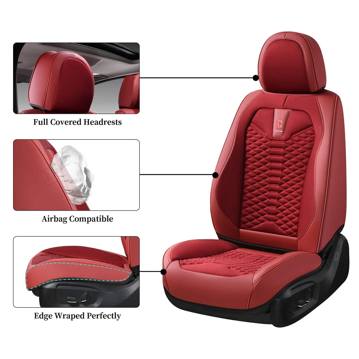 5 for Fit Auto Fabric Universal Breathable Seat Red Covers Car Sedans Seat Set Women, Pickup Most SUV Leather Back Front Car Trucks Seats Interior Full & Protectors, Coverado