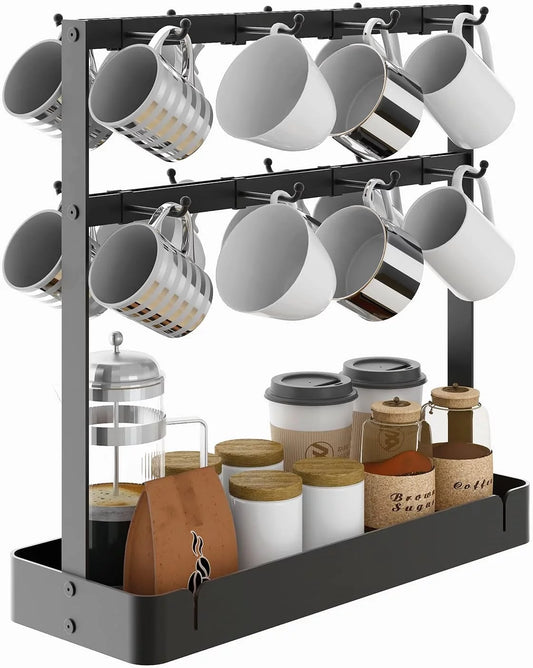 Tier BOIVSHI Storage with Countertop, for Coffee 16 Cup Hooks,2 Mug Rack Mug Tree Base Holder with Black Holder Cup Movable Hooks Holder Coffee