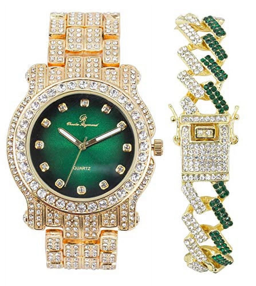 Out w/Bling-ed Out Watch Round - ZZ (L0504DXB Bling-ed Gold Money Luxury Silver Green) Mens Bracelet