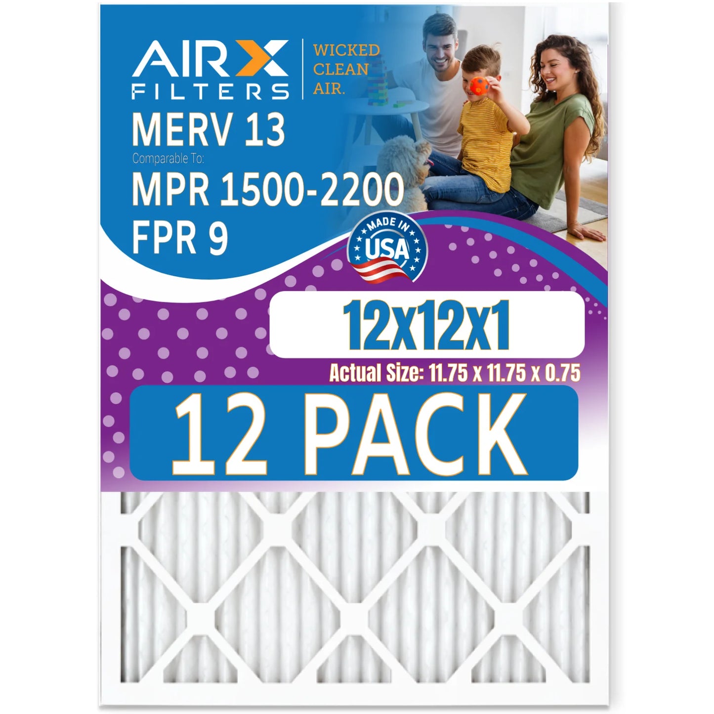 1500 Rating, Pack Made & MPR AIR. - in 9 12x12x1 CLEAN FPR USA WICKED FILTERS 13 Comparable by Filters Air Furnace Filter to of MERV 12 AIRX - 2200