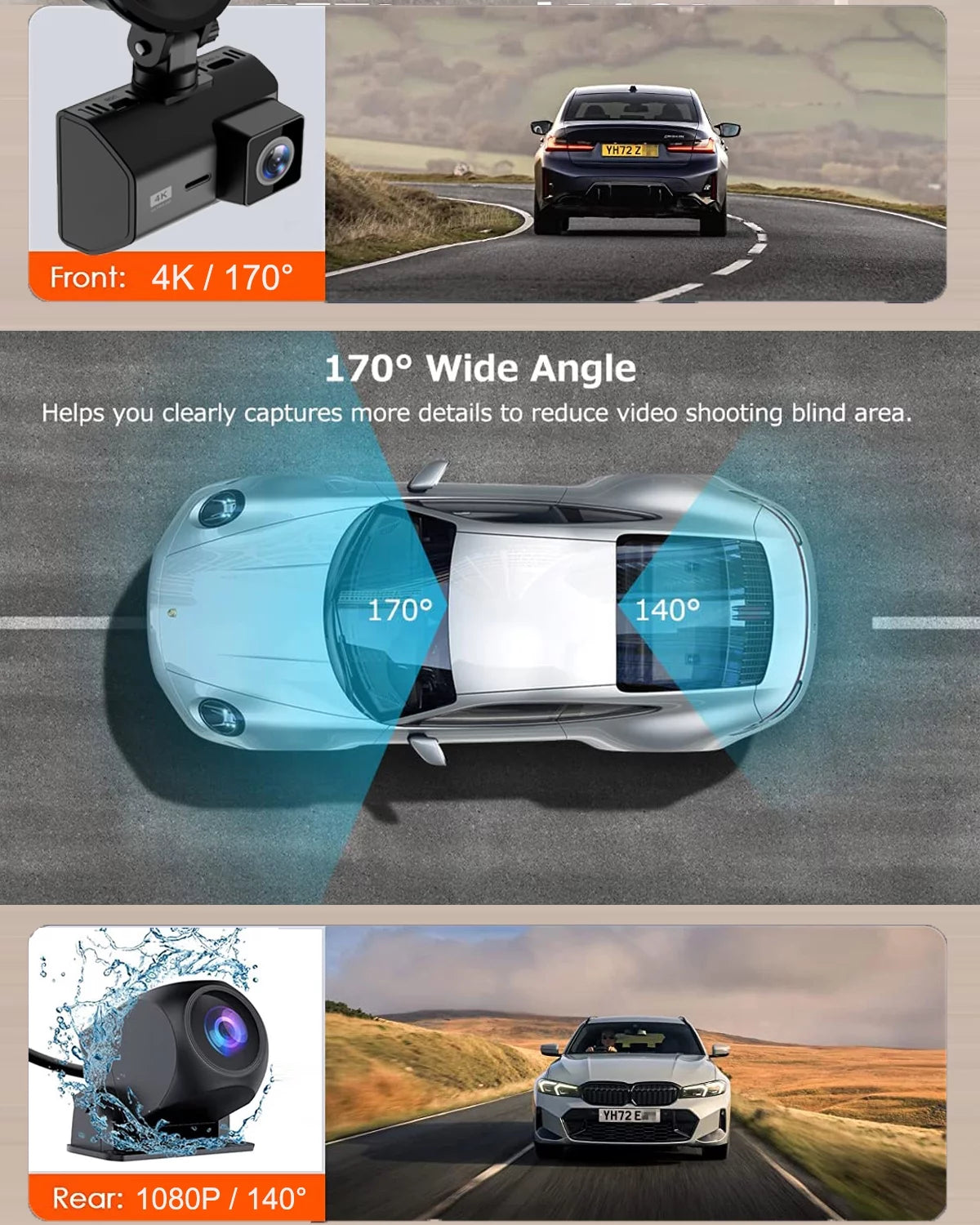 Dual SD Vision, 2 Wide Card, SD Rear Included Loop 64GB Parking Cars, with Cam Inch WIFI, Mode, Night Dash Card 4K Angle, Dash GPS and Dash Cam Camera with Front Recording, for